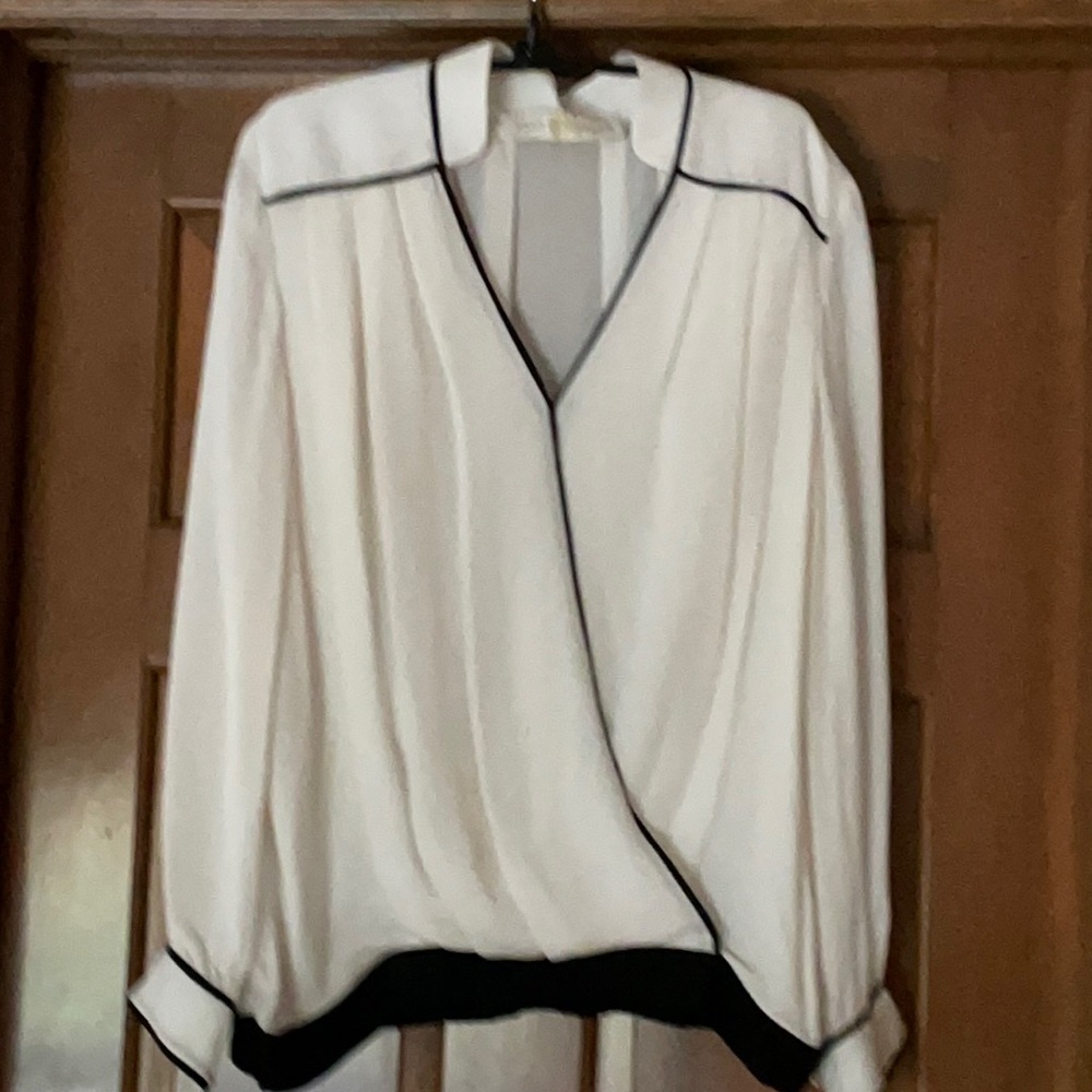 Cream and black SILK blouse size L